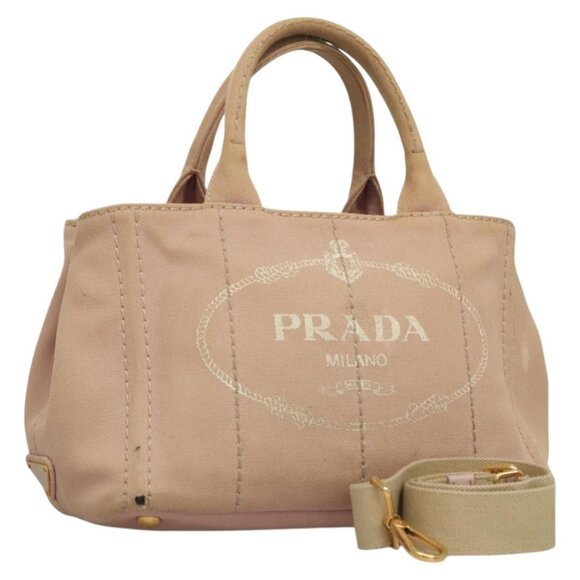PRADA Canapa PM Hand Bag Canvas 2way Pink Gold Auth 116103 - Picture 1 of 16